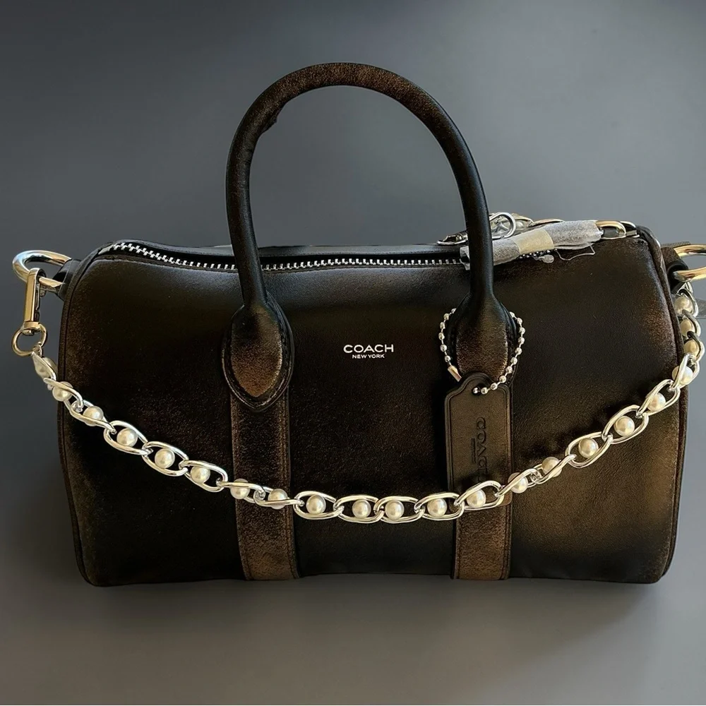 Bag Long Pearl Chain Strap 32.5” Silver Luxe Coquette Elegant Statement Purse